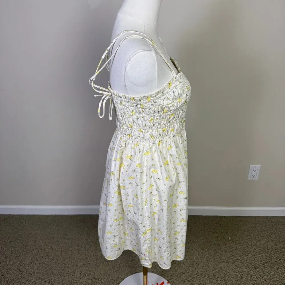 Divided by H&M White Smocked Bodice Floral Cotton Mini Dress US Womens L - Picture 6 of 9